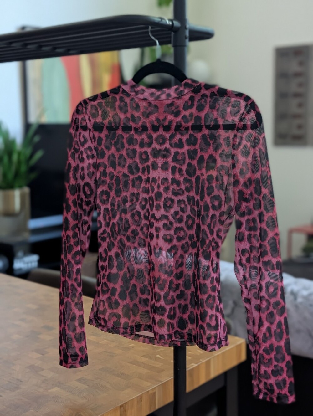 Pink sheer animal print mesh top